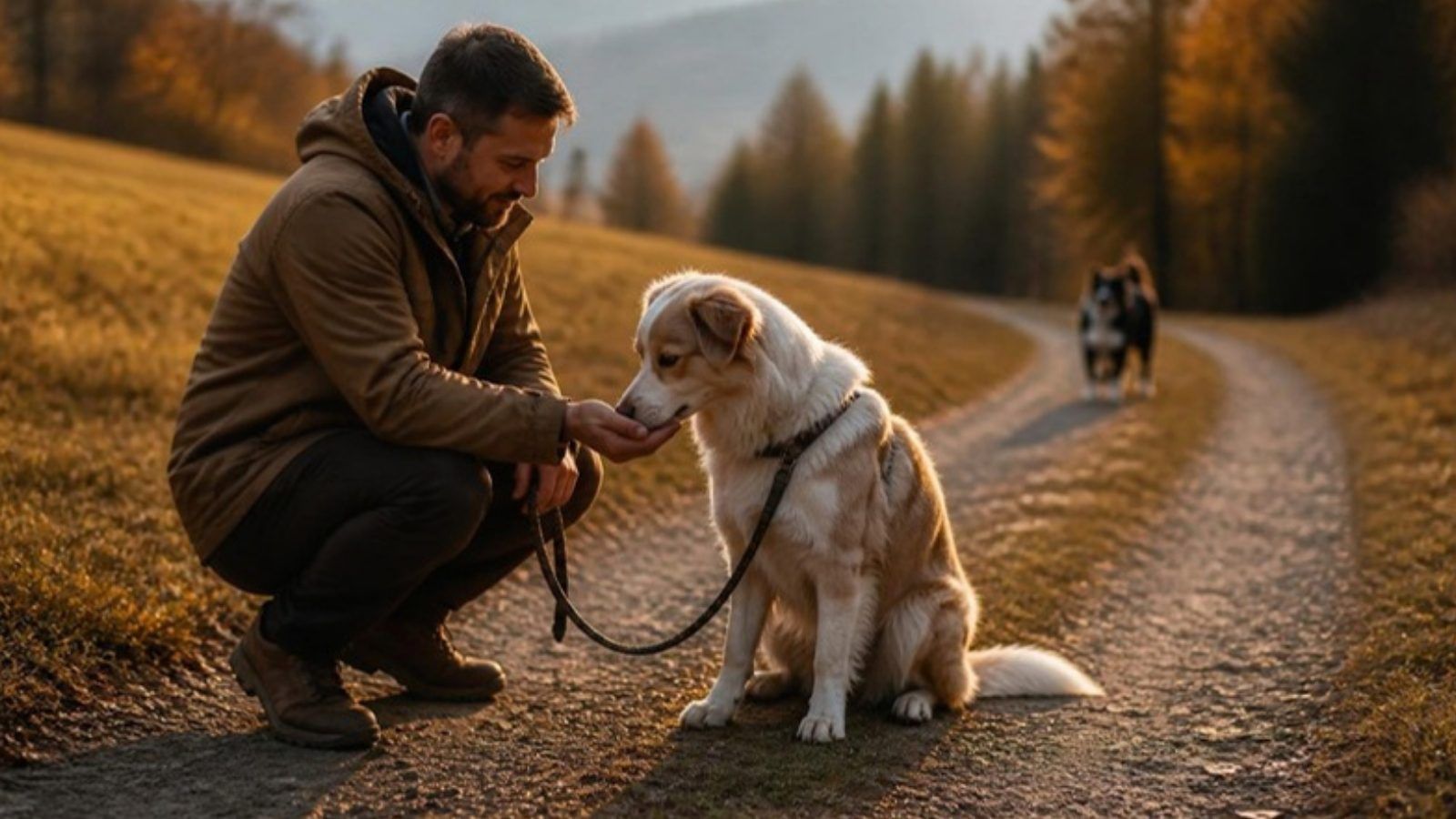 Un maître accroupi récompense calmement son chien en laisse sur un chemin, un autre chien au loin